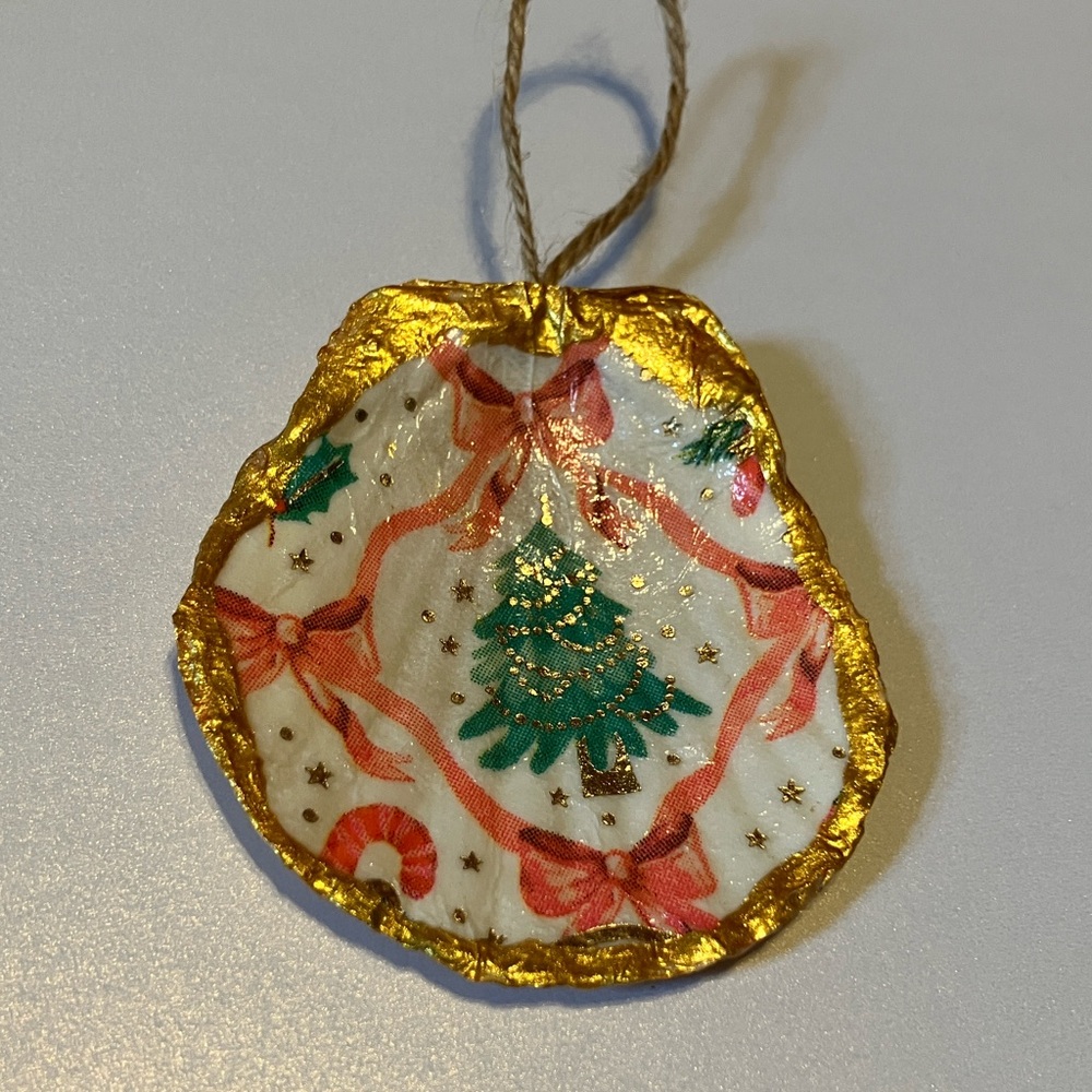 Handcrafted Shell Ornament Bows Christmas Gold Decoupage